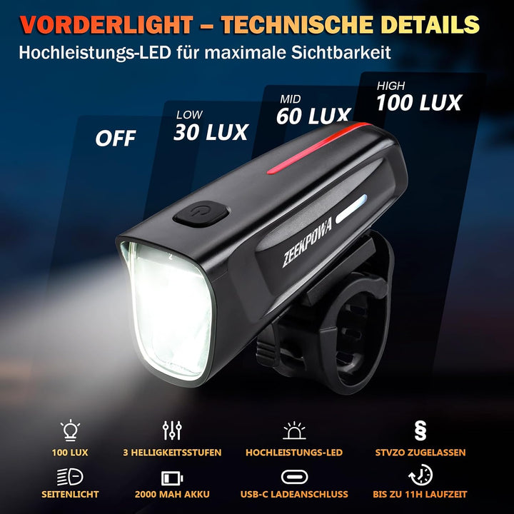 Fahrradlicht Set 100 Lux StVZO, USB-C Akku Vorderlicht + Rücklicht mit Bremslichtfunktion, wasserdic
