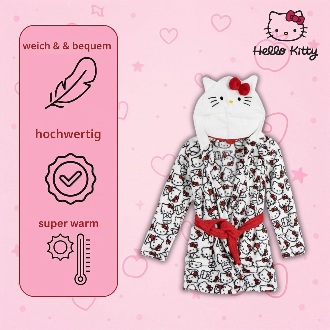 Hello Kitty Mädchen Kinder Bademantel mit Kapuze – Flauschiger Morgenmantel mit niedlichem Katzen-De