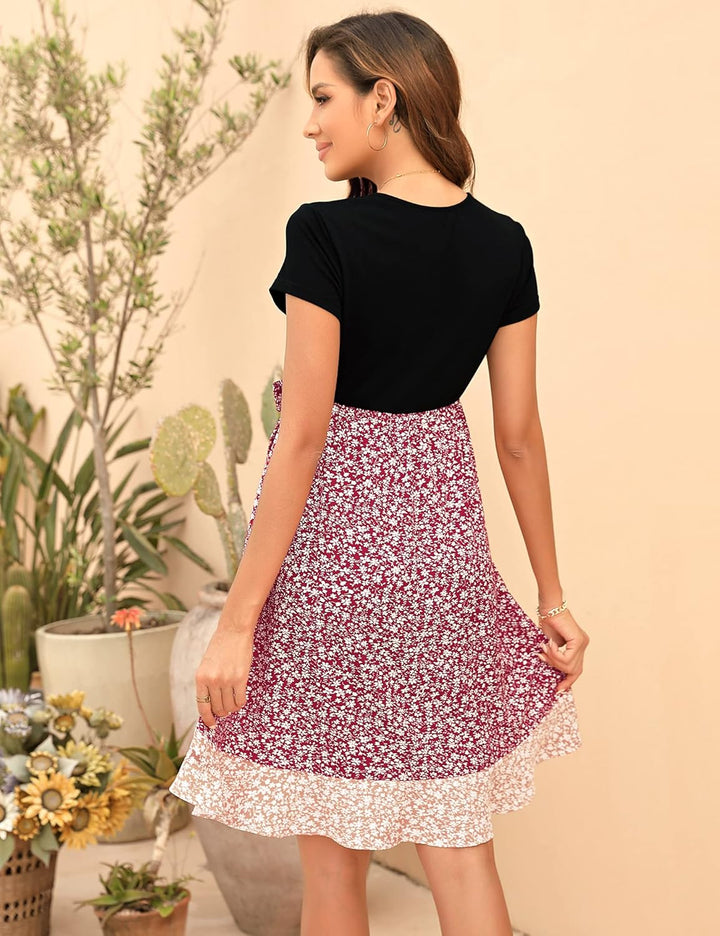 Damen Umstandskleid V Ausschnitt Stillkleid Knielang Hohe Taille Schwangerschaftskleid mit Kurzarm（V