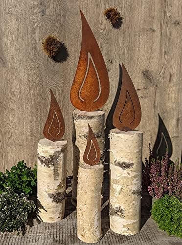 4er Set Kerzen aus Birkenholz und Metall-Flamme in Edelrost, je 1 x 64 cm, 50 cm, 42 cm, 32 cm hoch