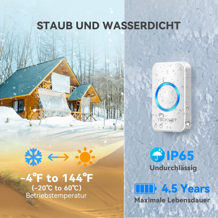 TECKNET Funkklingel, Kabellose Türklingel Funk Set 400m Reichweite, IP65 Aussen Wasserdicht Haustür