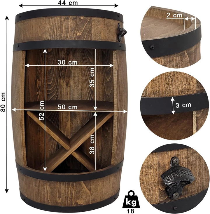 weeco Holzfass mit Flaschenöffner und Weinregal. Fassbar 80cm - Rustikale deko Barschrank - Hausbar