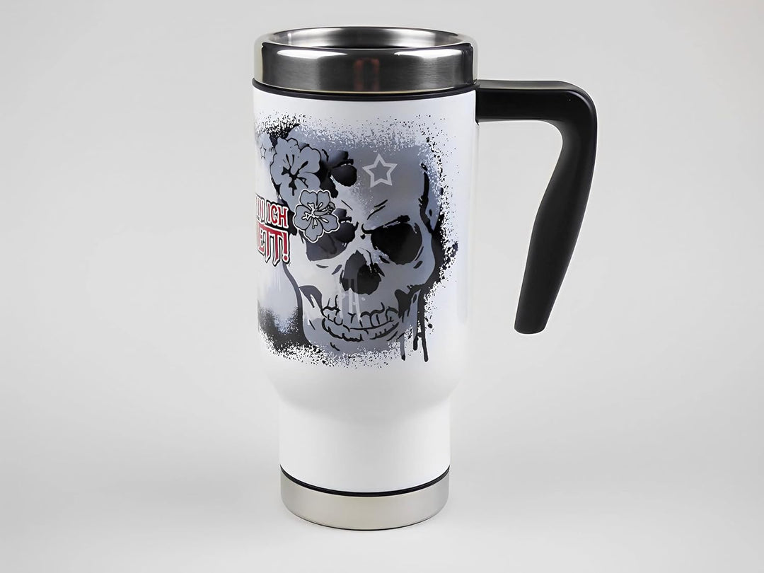 Totenkopf Edelstahl Thermobecher mit Spruch 'Meistens bin ich ganz nett' – 470ml Reisebecher, Handbe