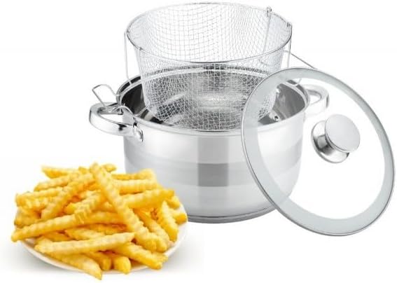 Frittiertopf Fritteuse Pommes Topf + Frittierkorb + Glasdeckel SS04