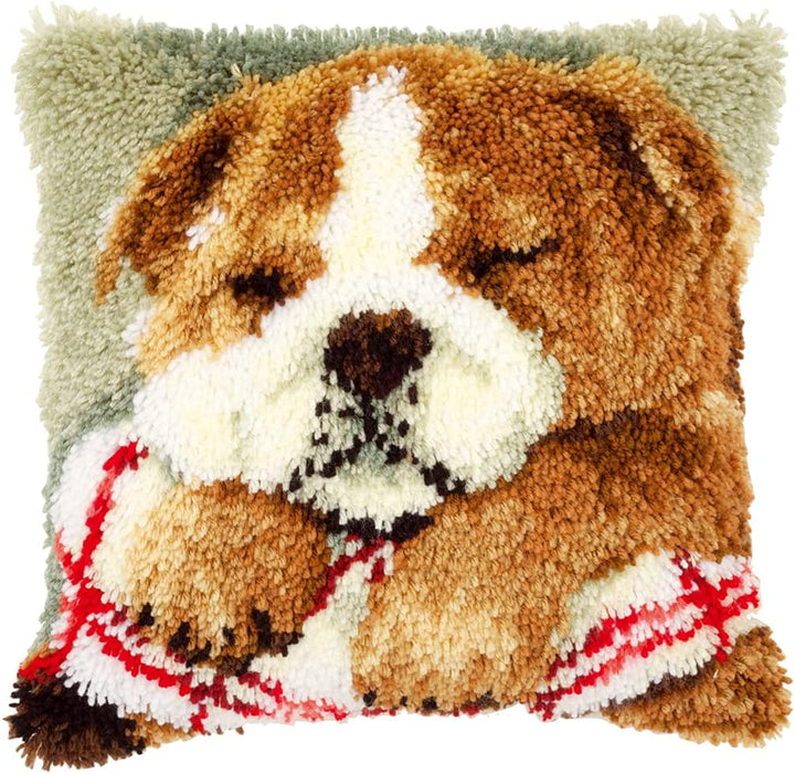 Vervaco Kleine schlafende Bulldoge Knüpfkissen mit Knüpfhaken, Baumwolle, Mehrfarbig, 40 x 40 x 1 cm