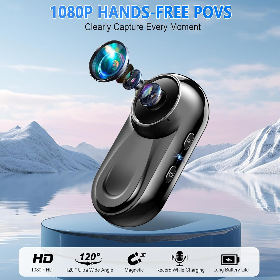 Mini Action Cam 1080P HD, Kleine Bodycam 120° Weitwinkel Objektiv mit 360° Clip&Magnetische Halskord