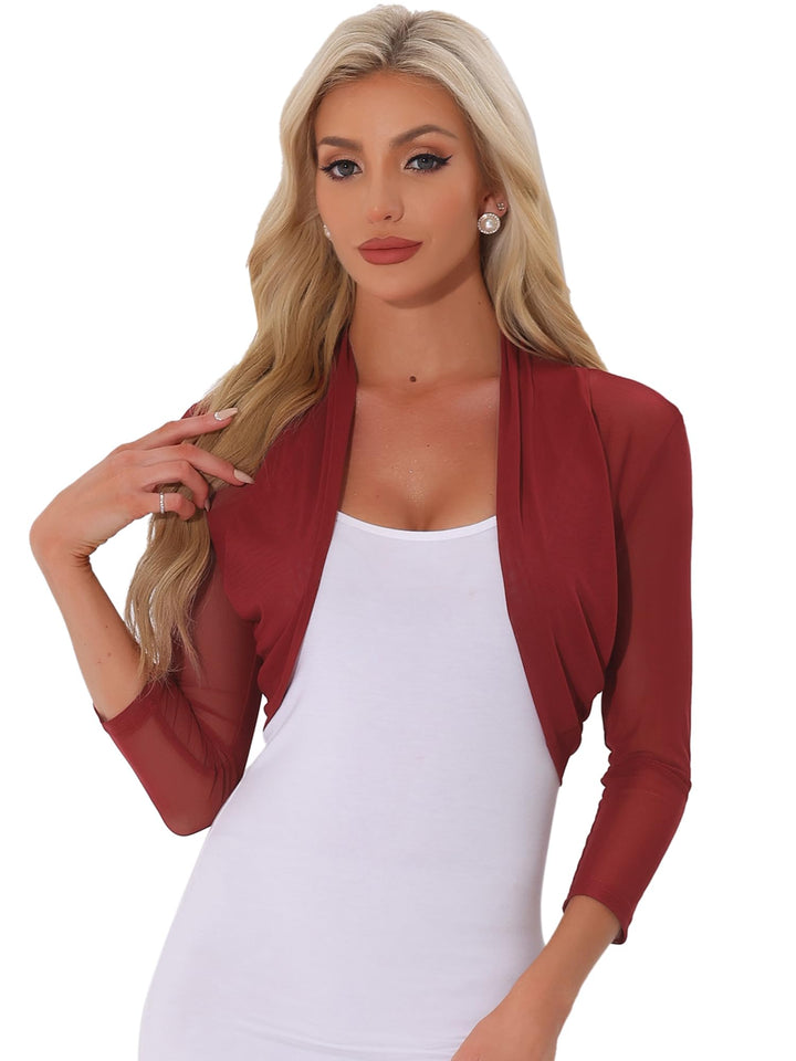 Allegra K Damen Bolero Festlich 3/4 Ärmel Rüschen Mesh Durchsichtig Crop Strickjacke Shrug Boleros S