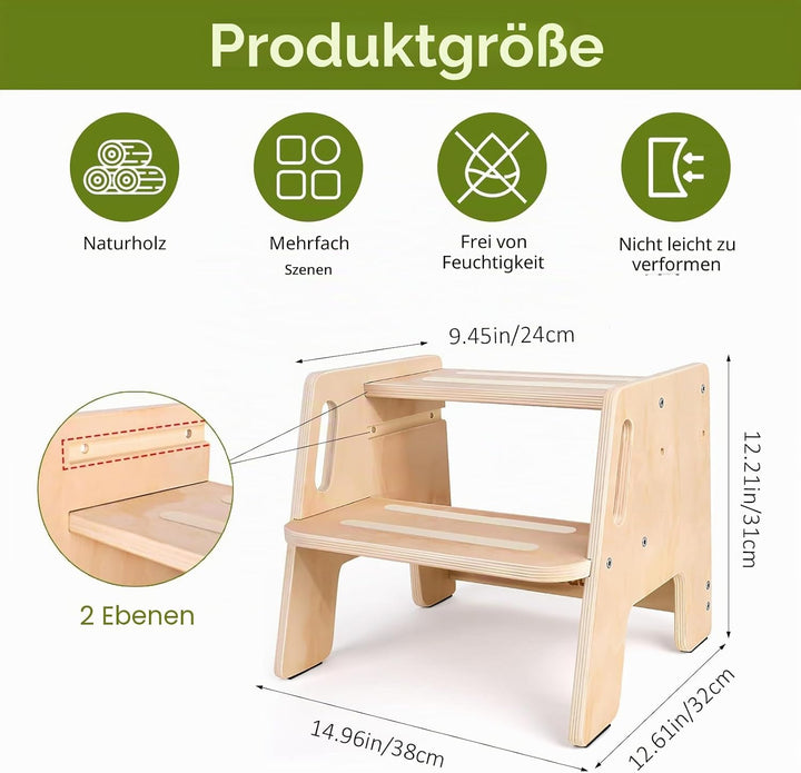 Tritthocker Kinder 2 Stufen,Fussbank Holz mit Griffen und Rutschfesten Fusspads,Stabiler Tritthocker