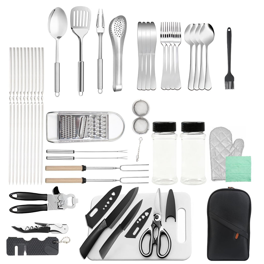 36 Stück Camping Kochutensilien Set, Edelstahl Campinggeschirr Kit mit Organizer Rucksack & 10 Grill