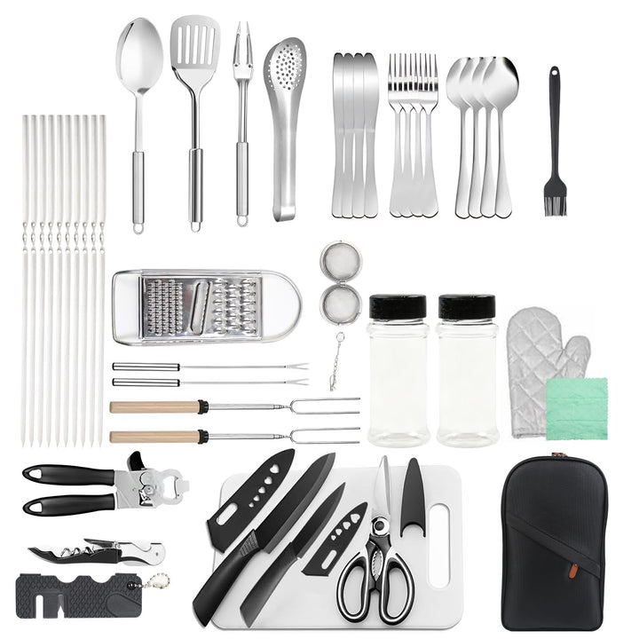 36 Stück Camping Kochutensilien Set, Edelstahl Campinggeschirr Kit mit Organizer Rucksack & 10 Grill