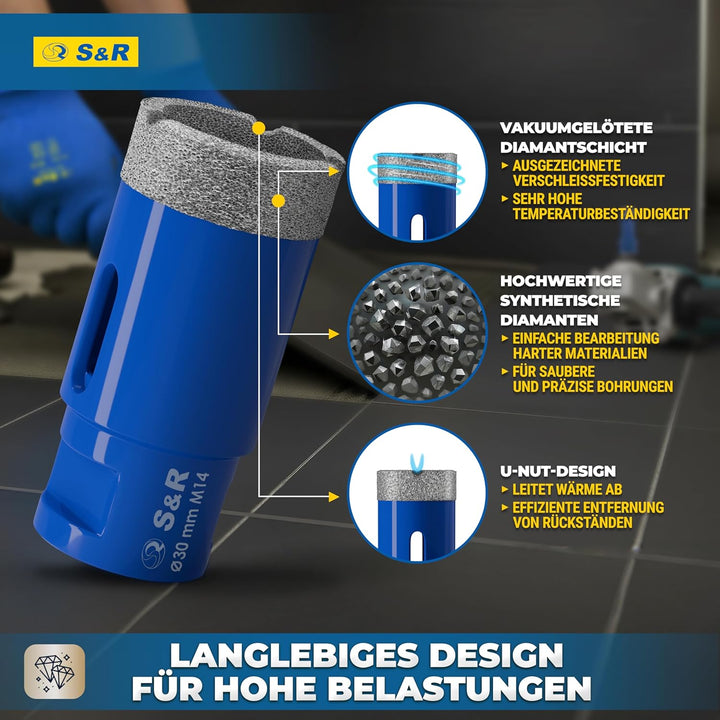 S&R Professional Diamant Fliesenbohrer 30 mm, Lochsäge für Fliesen M14 Gewinde, Diamant Bohrer Flies