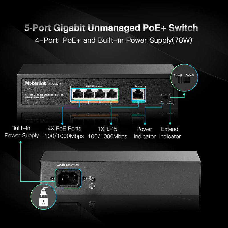 MokerLink 5 Port Gigabit POE Switch, with 4 Port POE+ 1000Mbps, 78W IEEE802.3af/at, Unmanaged Plug a