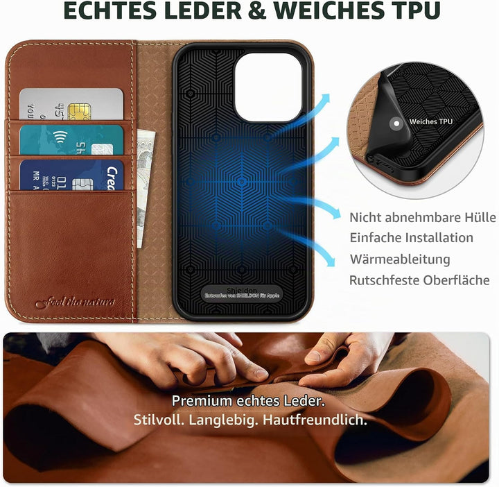 SHIELDON Hülle für iPhone 14 Pro Max Handyhülle [Erstklassig Echtleder] [Kartenfach] [Magnet] [Stand