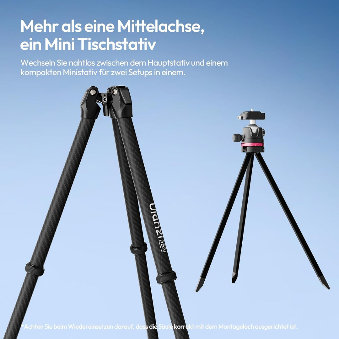 ULANZI TZ01 Carbon Stativ Kamera 160cm, Abnehmbare Mittelachse als Mini Stativ, 360° Kugelkopf mit H