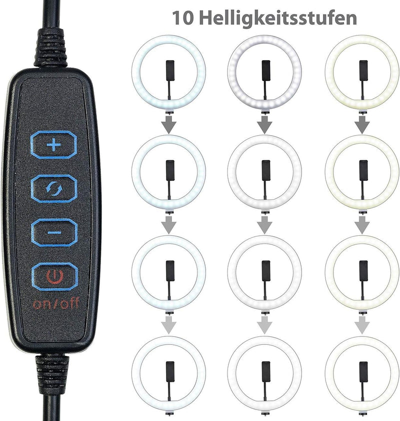 Somikon Handy Stativ mit Licht: LED-Ringlicht, Handy-Halter, Stativ, Fernauslöser, Ø 10" / 25 cm (Li