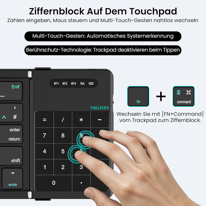 Nillkin Faltbare Bluetooth Tastatur mit Touchpad, Wiederaufladbare QWERTZ-Klapptastatur mit Ziffernb