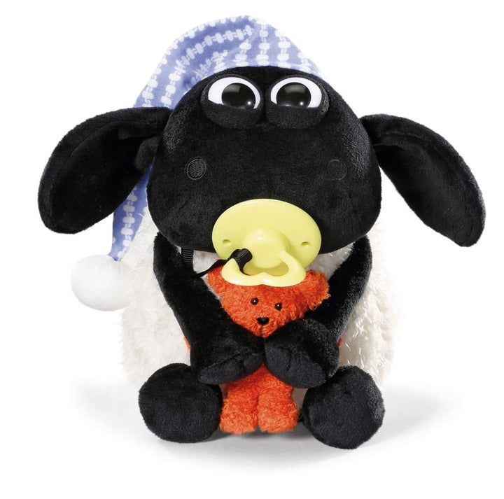 Shaun das Schaf Kuscheltier Timmy mit kleinem Bär, Schnuller und Schlafmütze, 25 cm, Farbe: Weiss/Sc