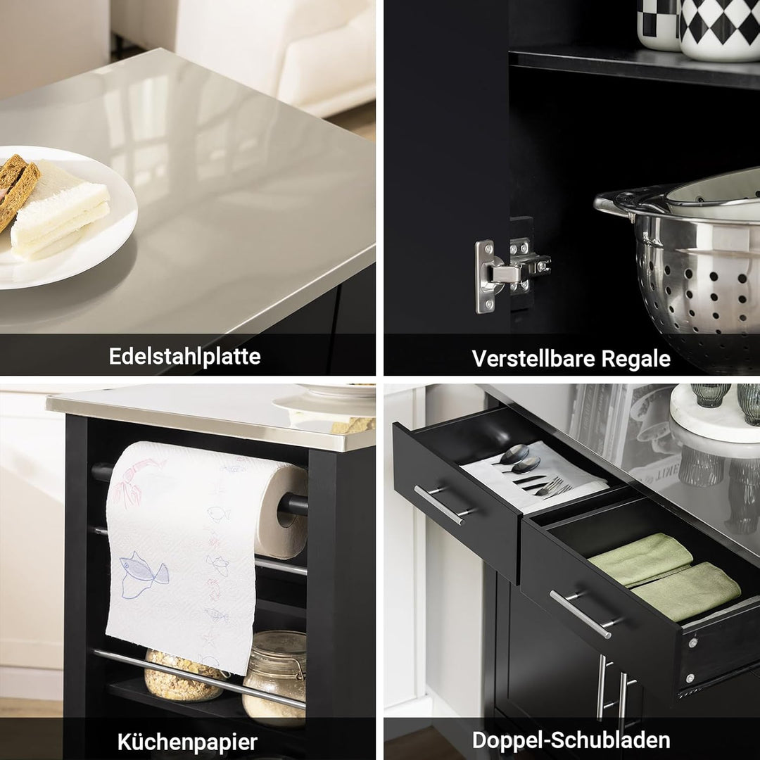 SoBuy Küchenwagen mit Edelstahlplatte Rollwagen mit Seitenregal, Sideboard, Kücheninsel, Küchenschra