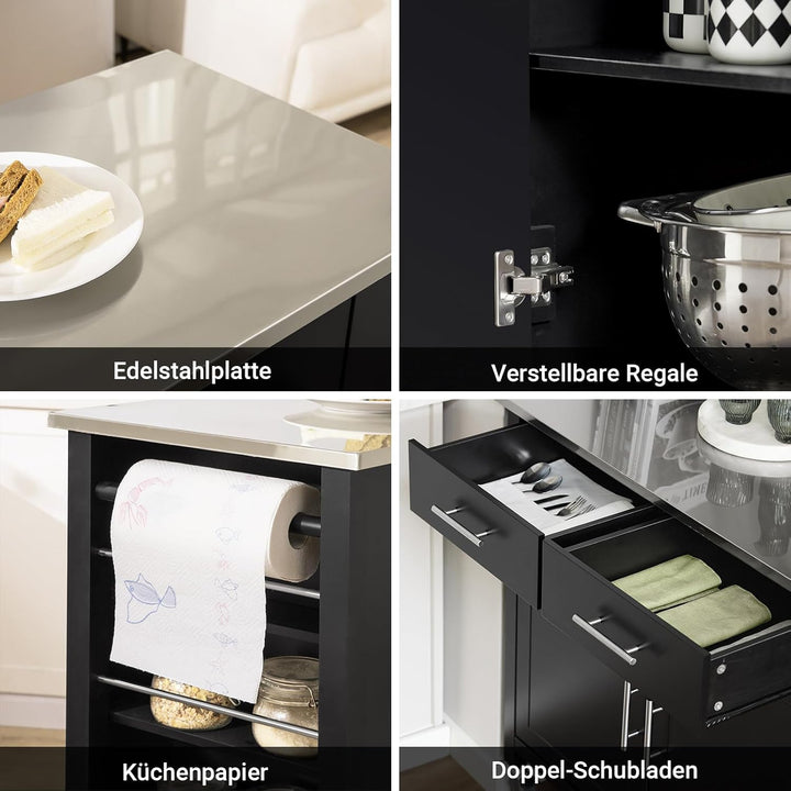 SoBuy Küchenwagen mit Edelstahlplatte Rollwagen mit Seitenregal, Sideboard, Kücheninsel, Küchenschra