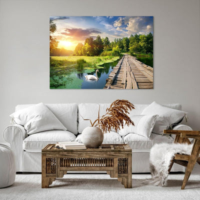 Bilder auf Leinwand 100x70cm Leinwandbild Architektur Promenade Schwan Landschaft Gross Wanddeko Bil