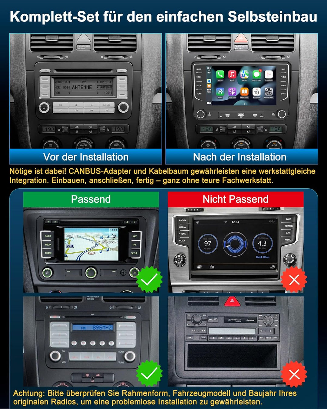 Autoradio mit Bildschirm Bluetooth 2+64GB für VW Golf 5 6 Polo T5 Passat Touran Seat Skoda, 2Din Aut