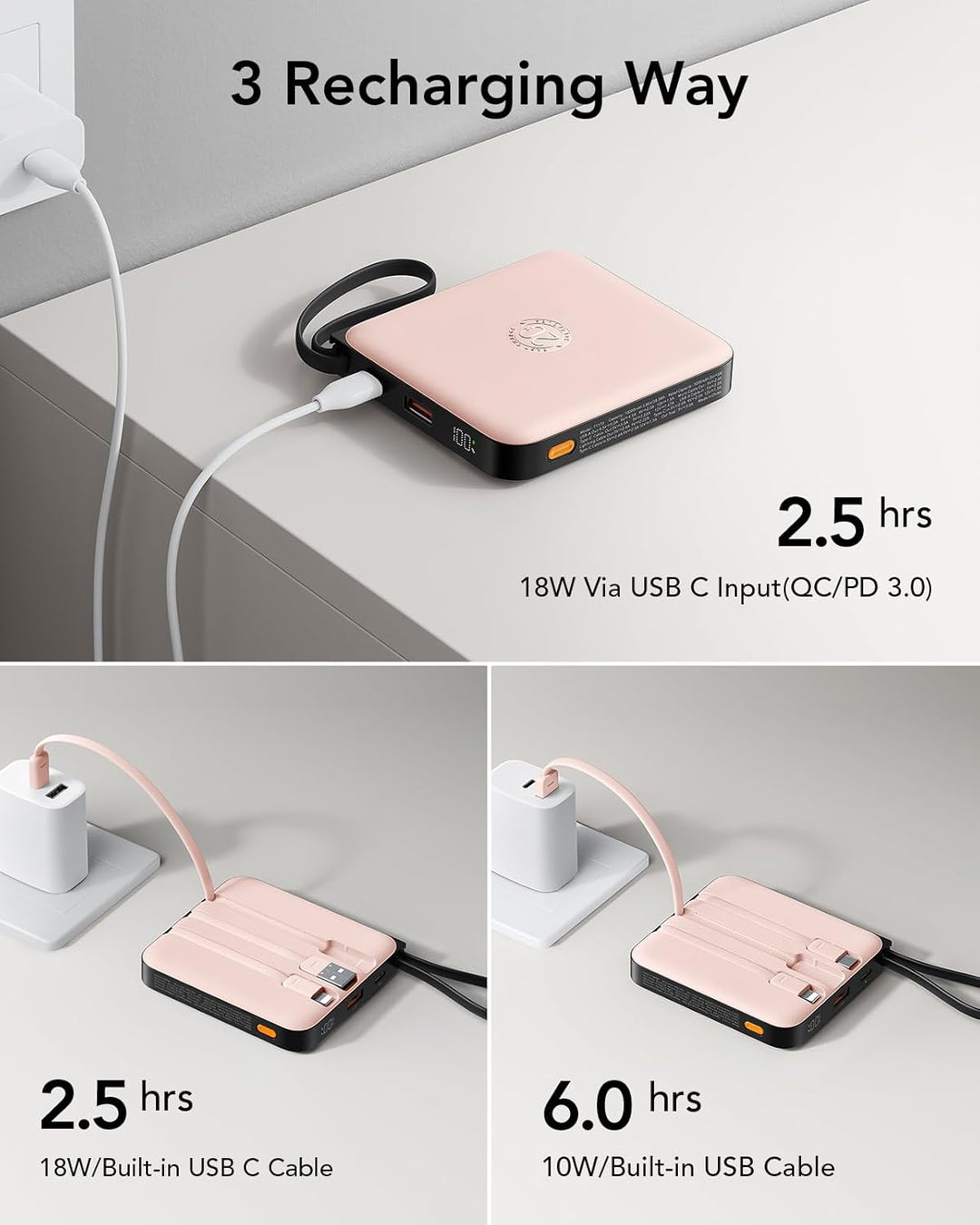 VRURC Power Bank mit Kabel 10000mAh Klein USB C Powerbank Schnelles Aufladen 22.5W Mini Tragbares La