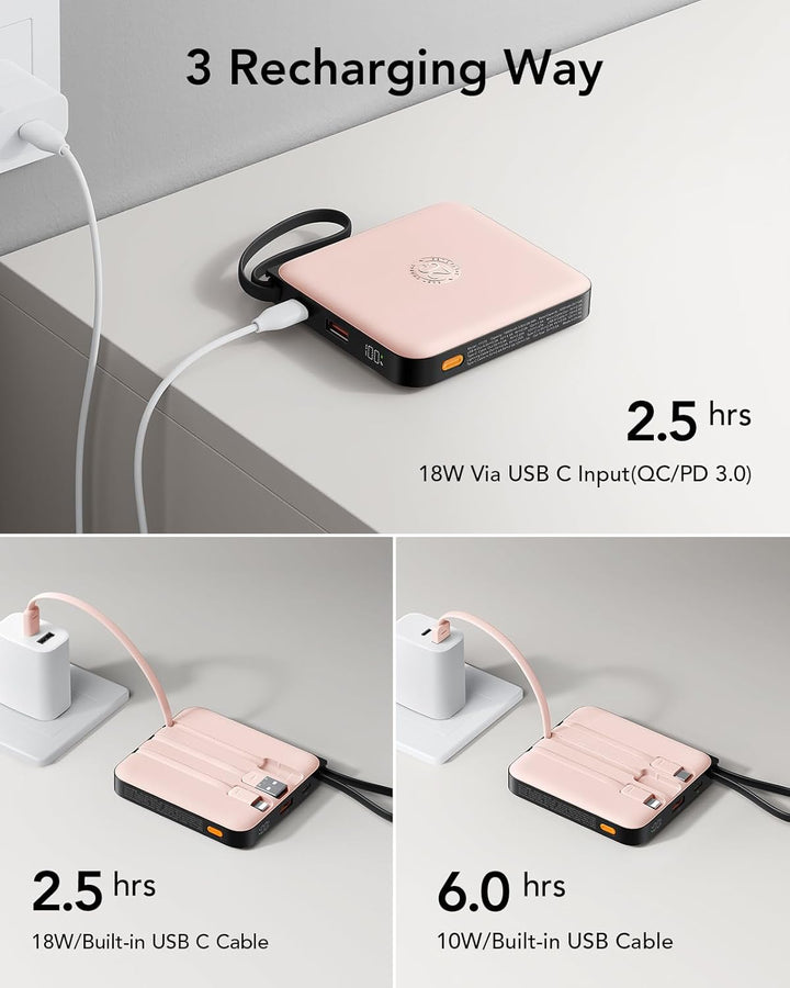 VRURC Power Bank mit Kabel 10000mAh Klein USB C Powerbank Schnelles Aufladen 22.5W Mini Tragbares La