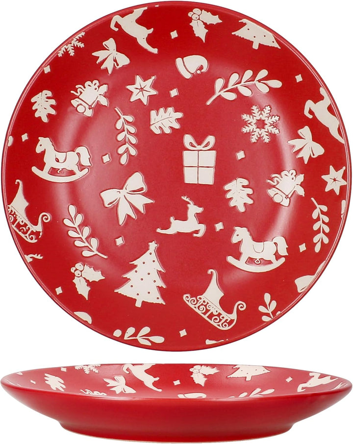 MamboCat 6er Set Advent Dessertteller I Ø20cm I Kuchenteller aus Steingut in Rot mit Weihnachtsmotiv