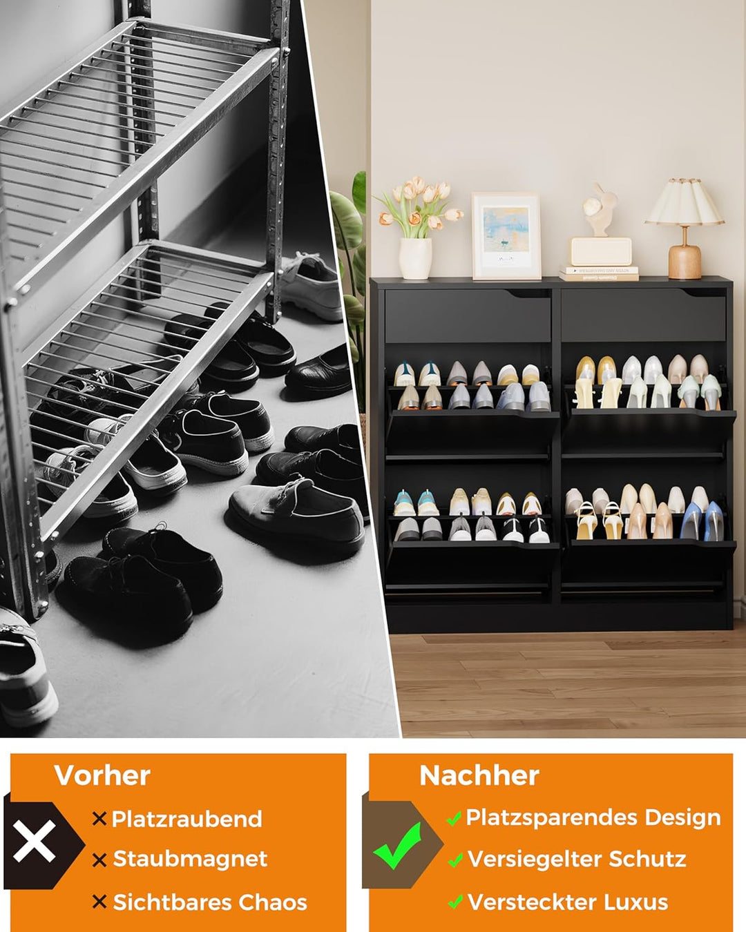 IRONCK Schuhschrank mit 4 Klappen, Schuhkipper Schmal mit 2 Schubladen, freistehendes Schuhregal, Sc