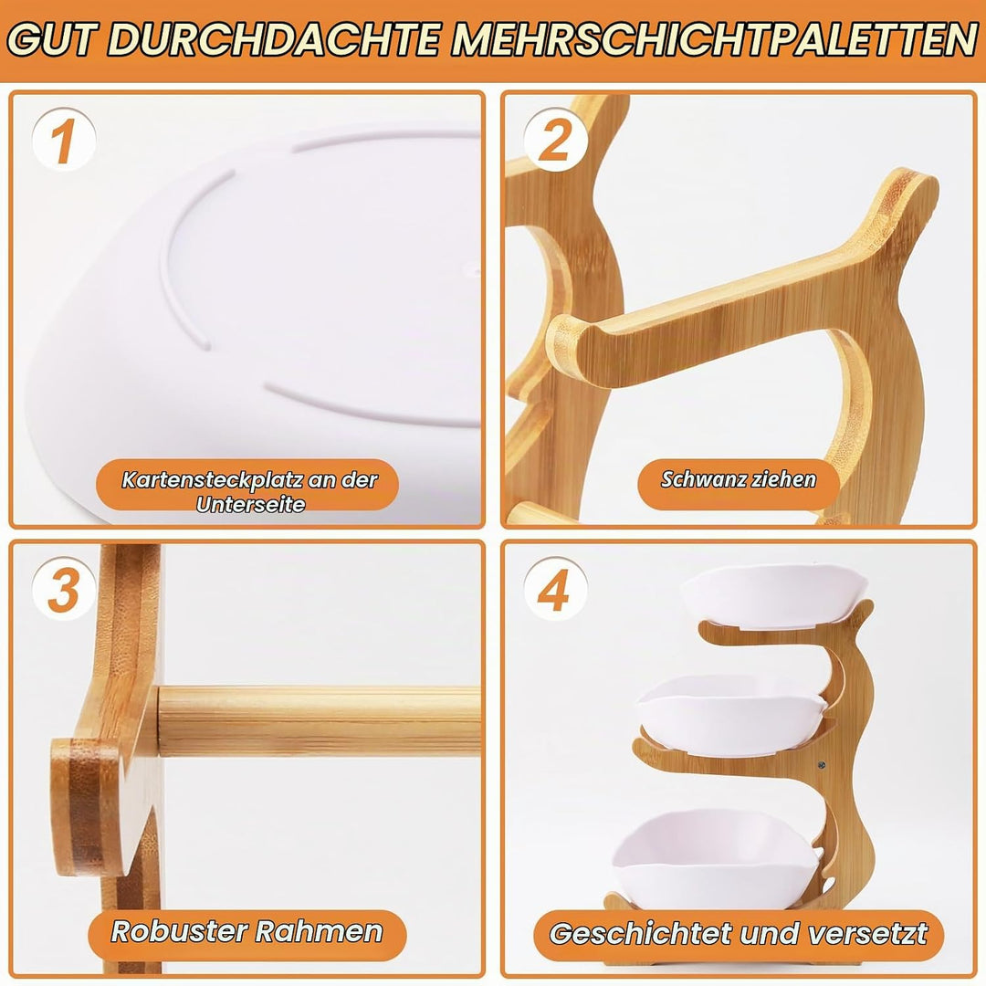 Obstschalenkorb, 3-stöckig, Servierschalen, Tablett-Set, Obstkorbständer mit Holzregal für Unterhalt