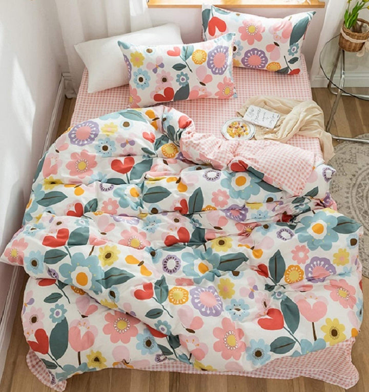 GETIYA Mädchen Bettwäsche 135x200 Cartoon Blumen Bettwäsche Rosa Kinder Bettwäsche Set 2 Teilig Natu