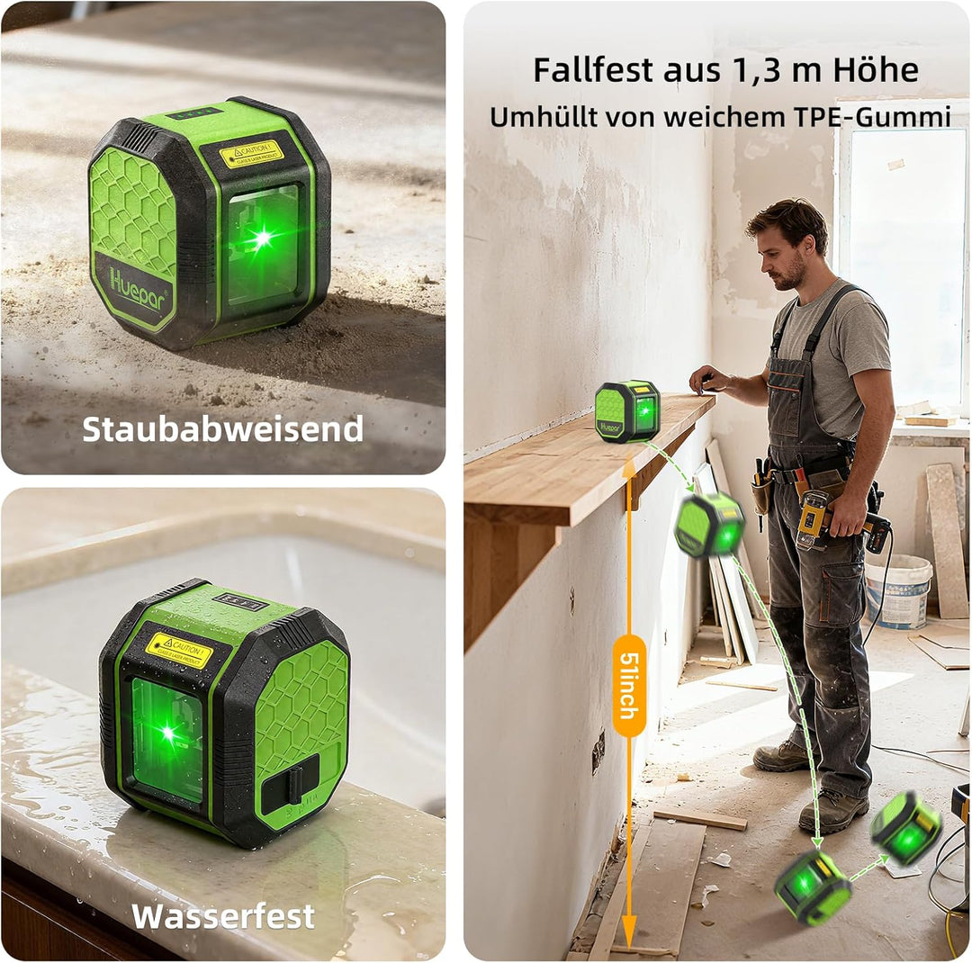 Huepar Lasernivellier mit Grünen Kreuzlinien, Selbstnivellierende vertikale und horizontale Linie La
