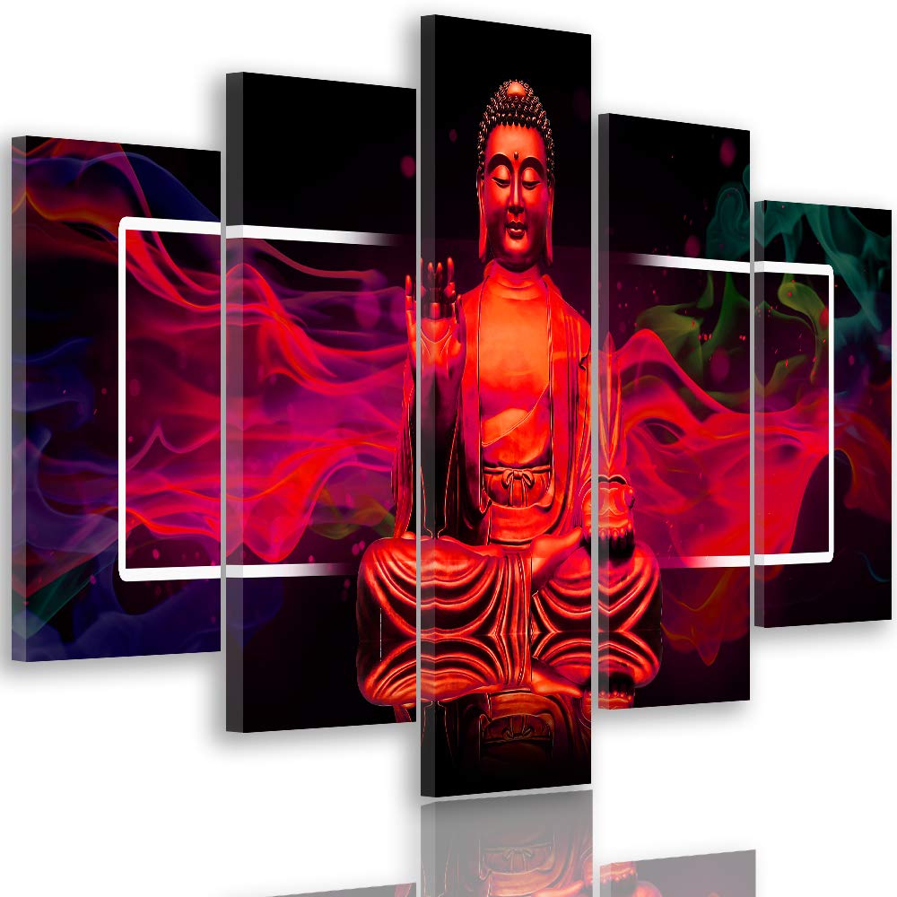 Feeby Bilder Abstrakt 200x100 cm Leinwandbild 5 Teilig XXL Kunstdruck modern Buddha rot Leinwandbild