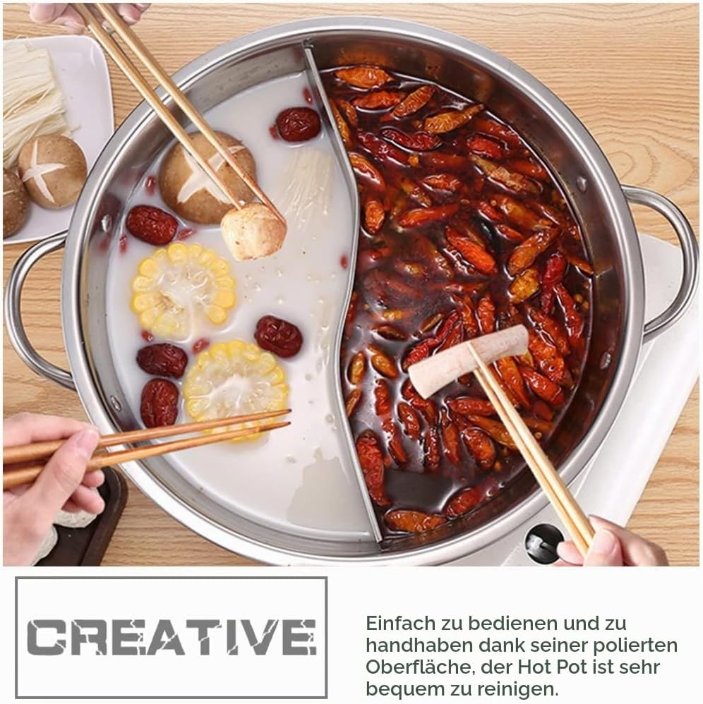 BESTonZON Edelstahl Hot Pot mit Trennwand, 32cm Geteilter Shabu Shabu Topf für Induktion &amp; Gasherd,