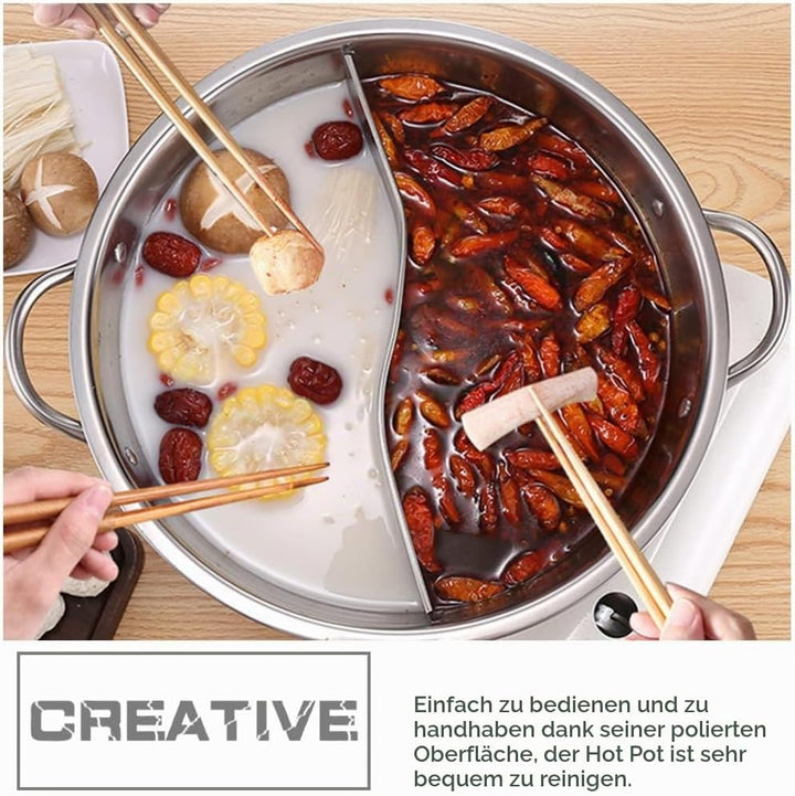BESTonZON Edelstahl Hot Pot mit Trennwand, 32cm Geteilter Shabu Shabu Topf für Induktion &amp; Gasherd,