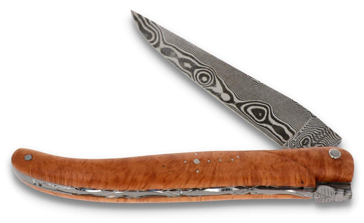 Laguiole en Aubrac Messer 12 cm - Griffschalen Bruyère plein manche - Zisellierte Platine - Damastkl