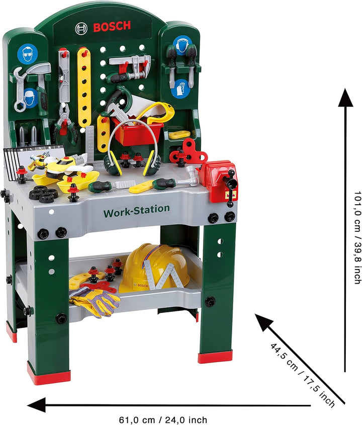 Theo Klein 8513 Bosch Workstation Werkbank mit Werkzeug, Montagefahrzeug und zahlreichem Zubehör Arb