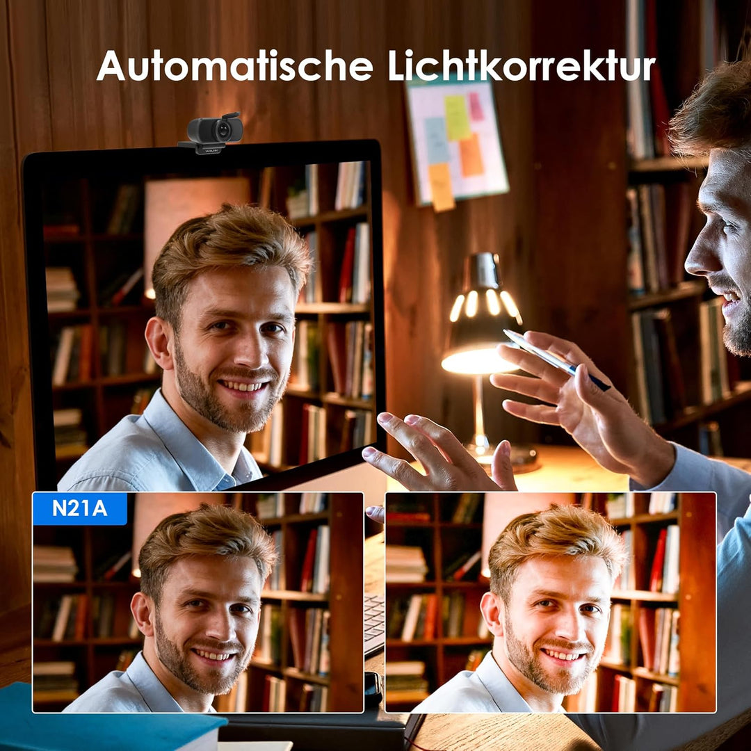 N21A Webcam Full HD 1080P/30PFS PC Kamera mit Dual Mikrofone, 100°Blickfeld, Belichtungskorrektur, F
