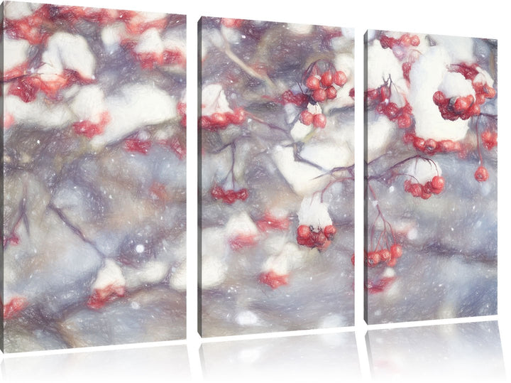 Pixxprint Vogelbeeren mit Schnee bedeckt als Leinwandbild/Grösse: 3 Teilig (120x80) cm/Wandbild/Kuns