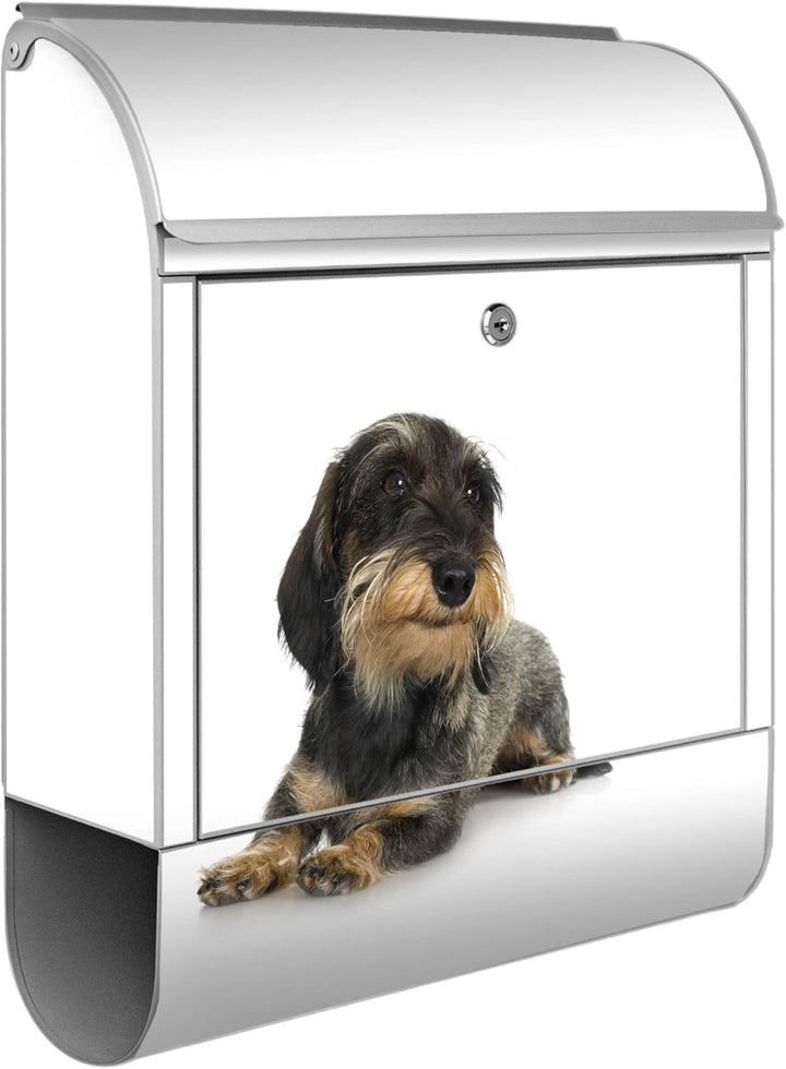 banjado® Design Briefkasten mit Motiv Dackel 39x47x14cm &amp; 2 Schlüssel - Briefkasten Stahl Silber mit