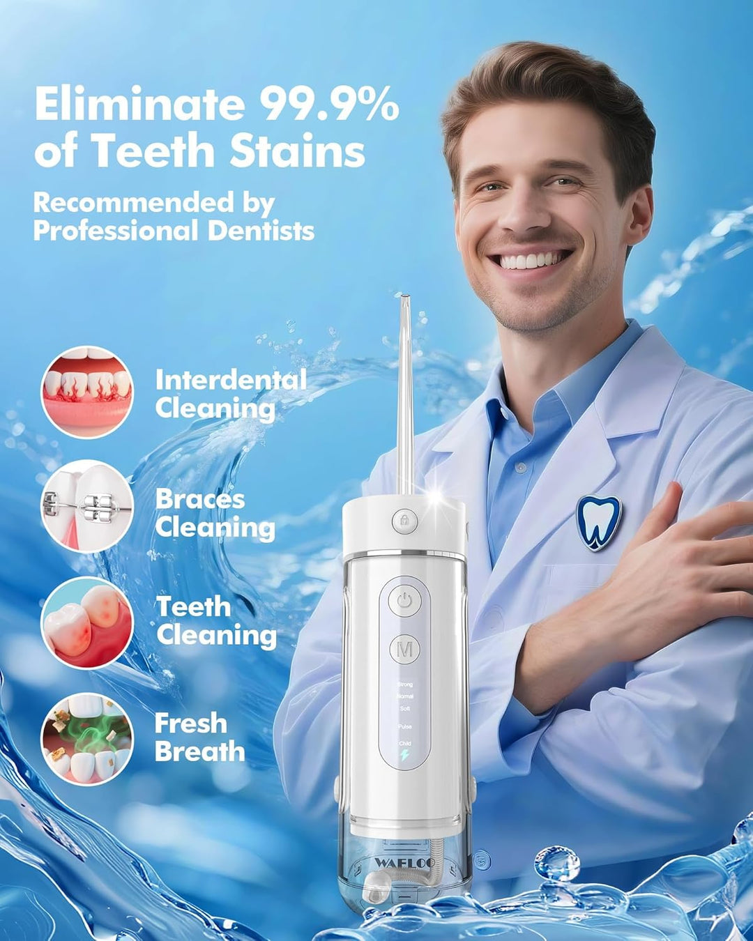 Munddusche Kabellos für Reise, Tragbarer Oral Irrigator mit Teleskop-Wassertank, 5 Reinigungsmodi, 4