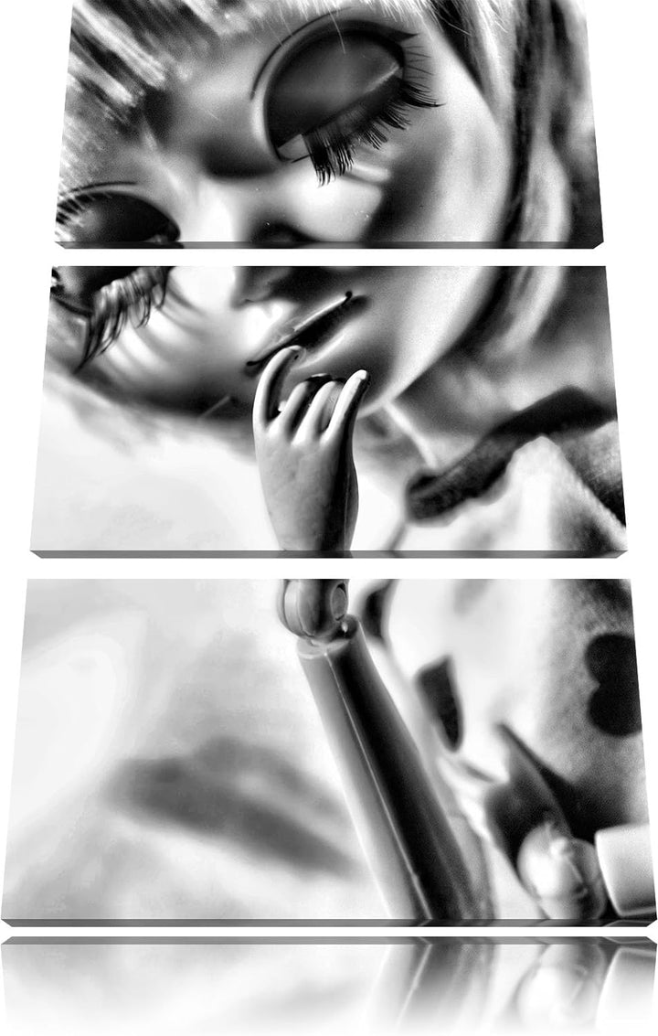 Pixxprint Monocrome, hübsches Pullip-Püppchen mit sehr Langen Wimpern 3-Teiler Leinwandbild 120x80 B