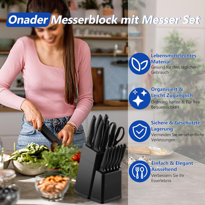 Onader Messerblock mit Messer Set, 15-TLG Edelstahl Messerset mit Block, Scharfe Küchenmesser Set mi