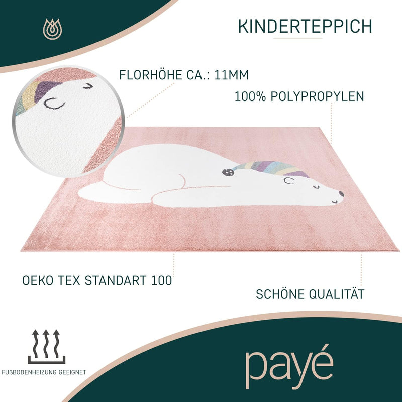 payé Teppich Kinderzimmer - Rosa - 120x160cm - Pastellfarben Spielteppich Kinderteppich Kurzflor Wei