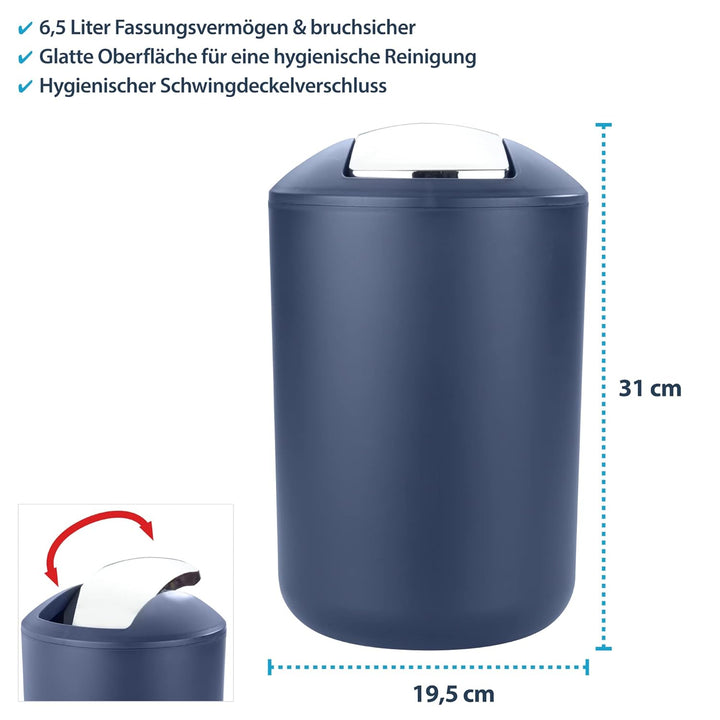 Kosmetikeimer mit Schwingdeckel, Badmülleimer bruchsicher in verschiedenen Farben 6,5 Liter (Blau),
