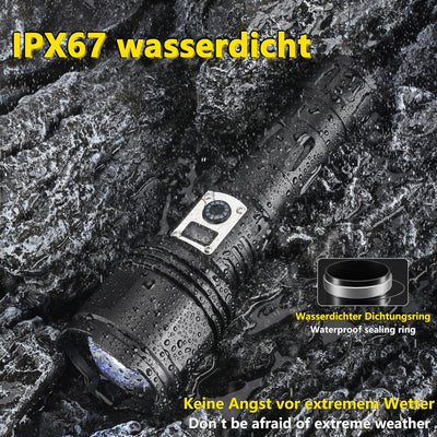 ASORT LED Taschenlampe Extrem Hell 40000 Lumen, Type-C Aufladbar, IPX67 Wasserdicht, Der LCD-Bildsch