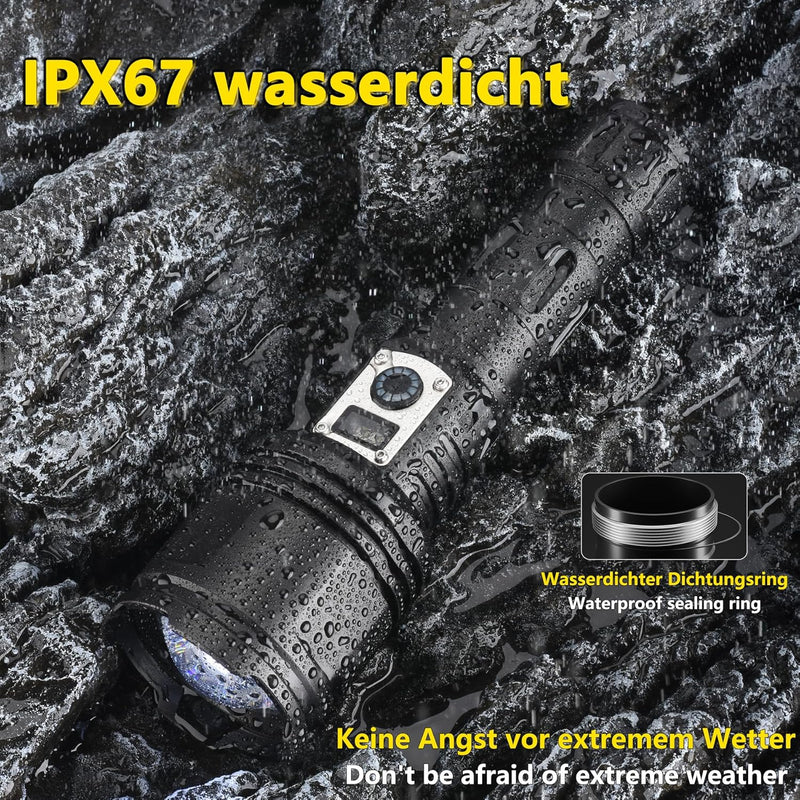 ASORT LED Taschenlampe Extrem Hell 40000 Lumen, Type-C Aufladbar, IPX67 Wasserdicht, Der LCD-Bildsch