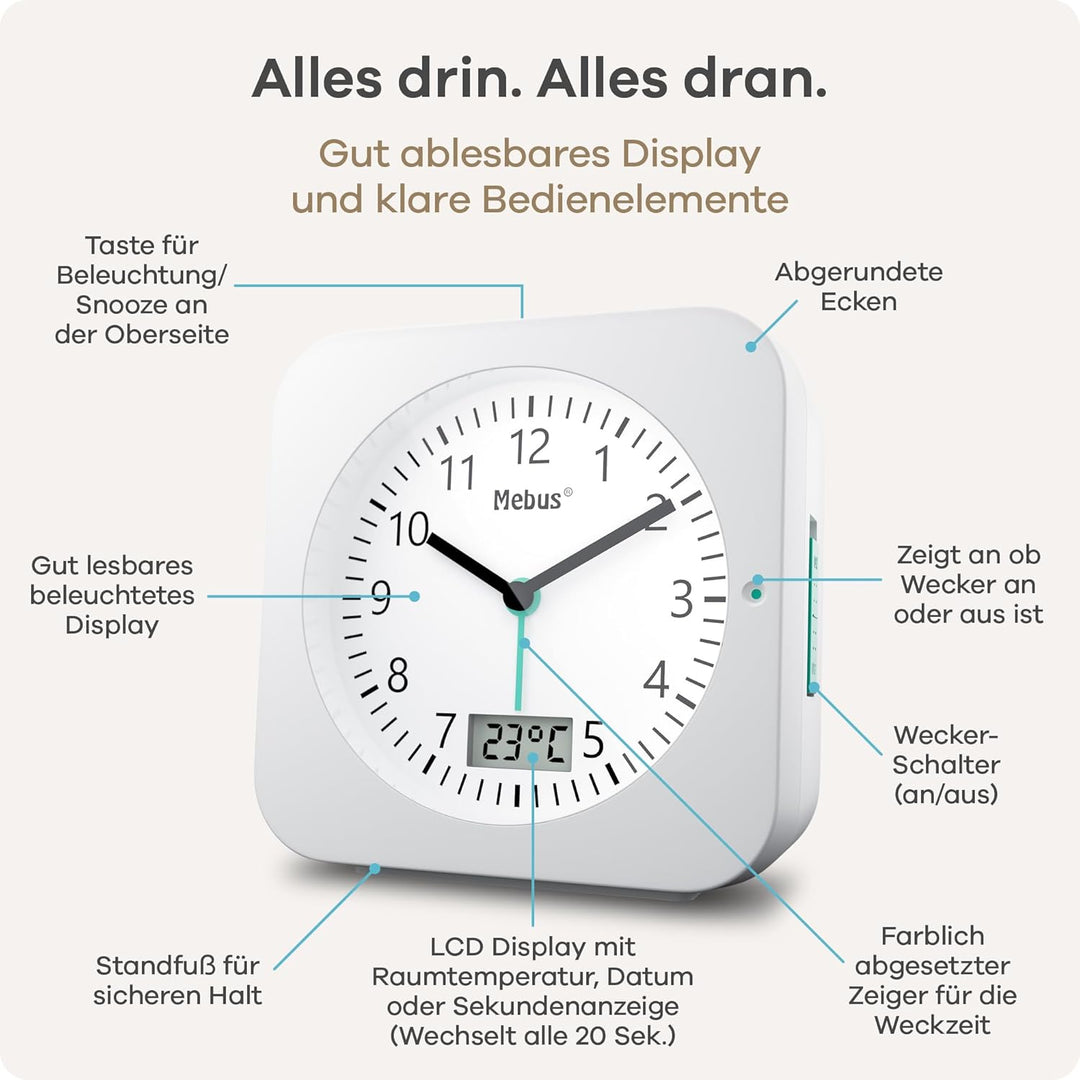MEBUS Funk-Wecker mit Temperaturanzeige, Datum, Reisegrösse, Batteriebetrieben, Schlummer-Wecker, gr