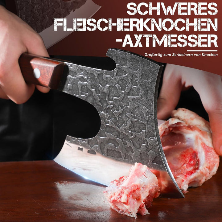 Purple Dragon Hackbeil Schwer für grosse Knochen und Fleisch, Full Tang Küchenbeil mit Lederscheide,