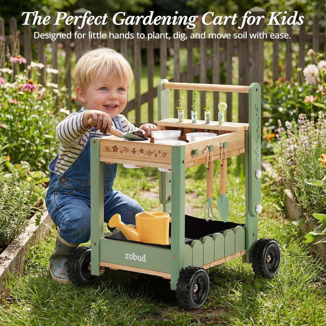 ROBUD Kinder Gartengeräte mit Holzwagen, Gartenwerkzeug mit Giesskanne, Schaufel, Handrechen, Pflanz